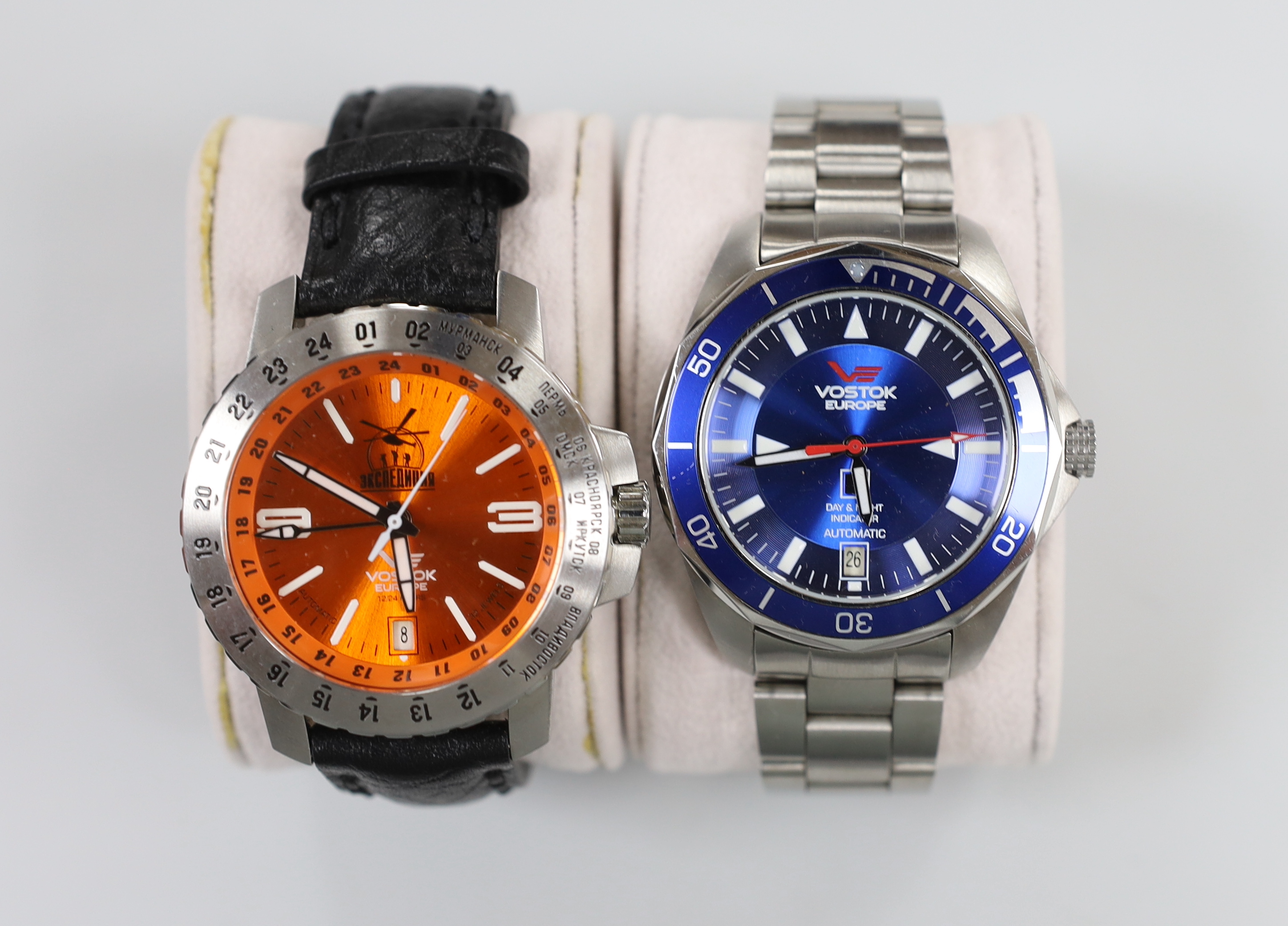 Two gentleman's modern stainless steel Vostok Europe automatic wrist watches including K-3 Submarine with day/night indicator and automatic.